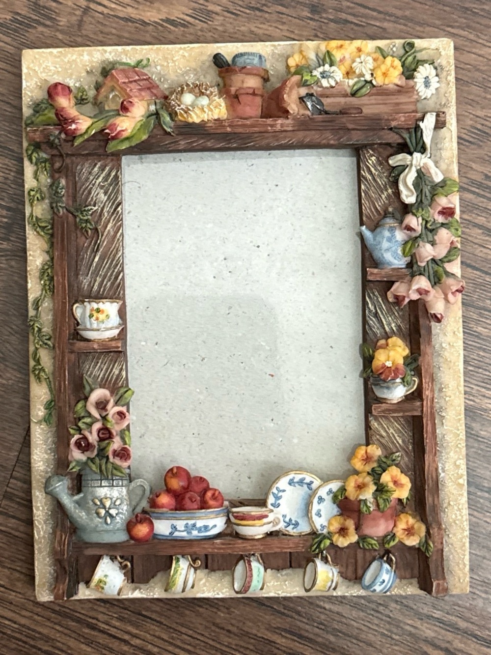 Vintage Hand-Painted Floral Kitchen Photo Frame - Brown with Multicolor Accents
